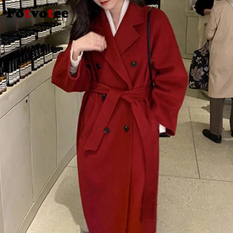 FOTVOTEE Women Midi Length Wool Coat Elegant Lapel Double Breasted with Belt Outerwear Autumn Winter Temperament Streetwear 241129