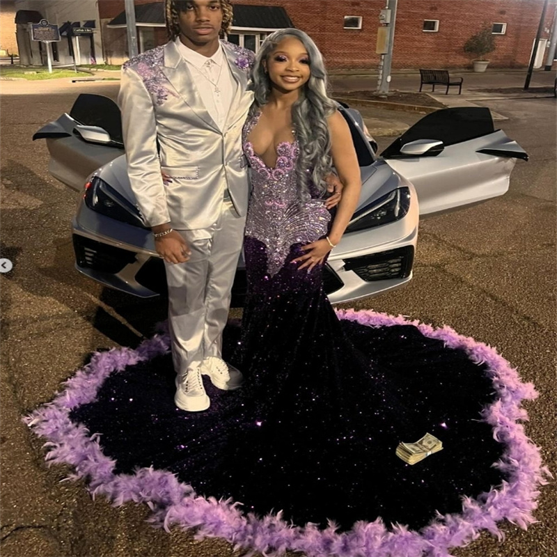 Luxury Dark Purple Prom Dresses For Black Girls Gorgeous Mermaid Sequin Feather Evening Gowns Diamond Crystal Formal Birthday Party Gowns Vestio De Ga