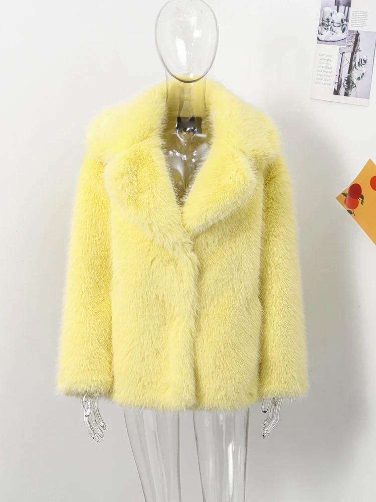 Warm Yellow Fur Coat Women Winter Turndown Collar Long Sleeve Single Breasted Midi Female Coats 2024 Autumn Fashion Outwear 241121Z