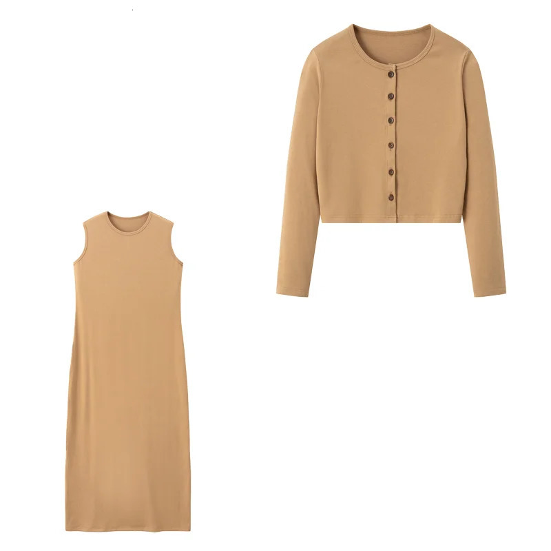Autumn Women Long Sleeve Cardigan Suit Dress 2024 Solid Color Singlebreasted Top Sleeveless Set Female Casual Outwear 241129