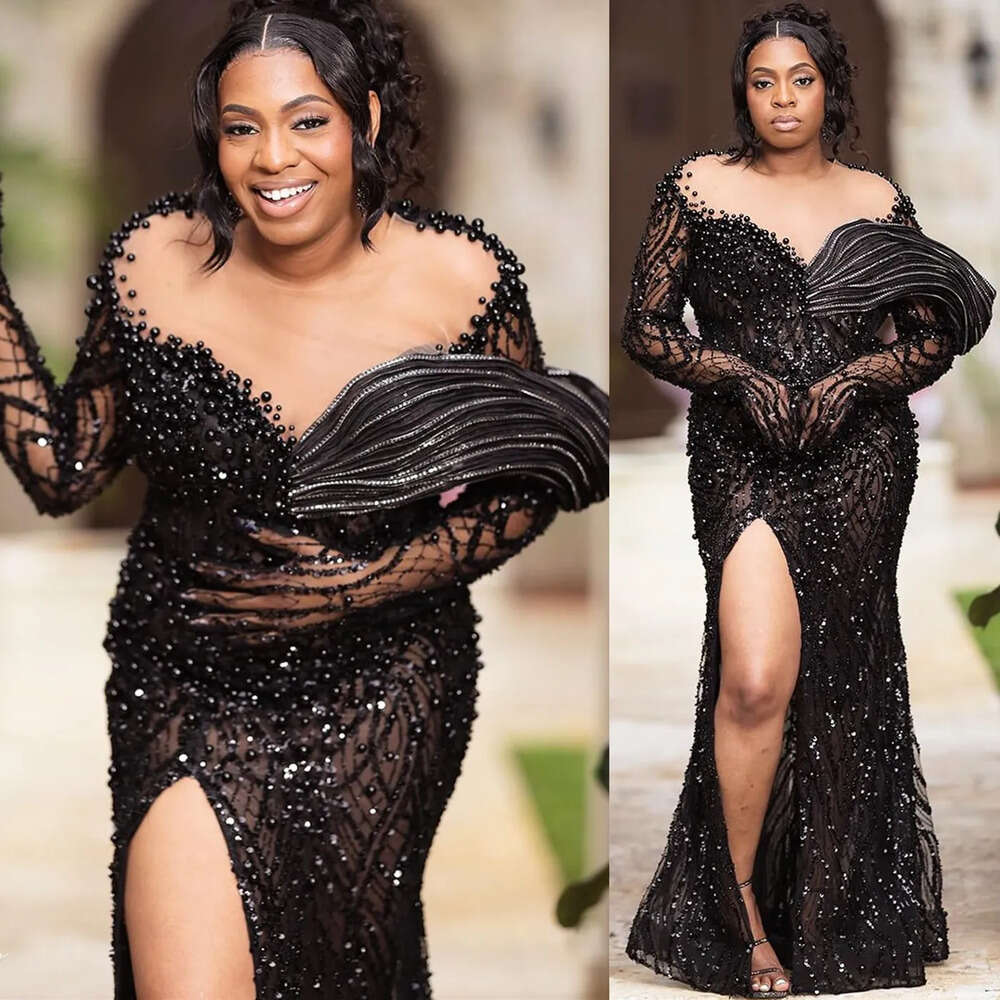 Aso Ebi Black Mermaid Prom Dress Pearls Sequined Evening Formal Party Second Reception Th Birthday Engagement Gowns Dresses Robe De Soiree Zj Es