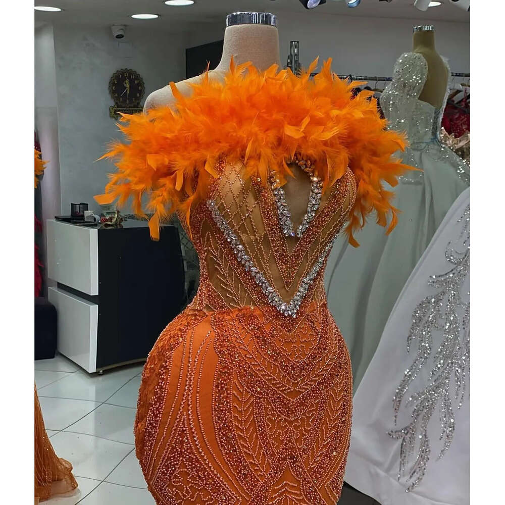 Mermaid Orange Ebi Aso Arabic Prom Dress Feather Crystals Evening Formal Party Second Reception Birthday Engagement Gowns Dresses Robe De Soiree Zj Es