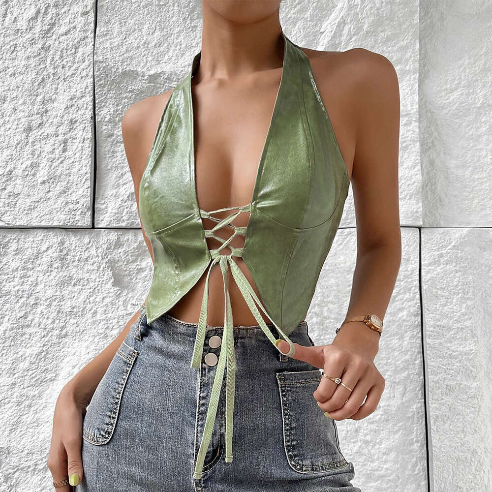 Sexy Spicy Girl Low cut Cardigan Solid Color Neck Lacing PU Leather Tank Top for Women 60397