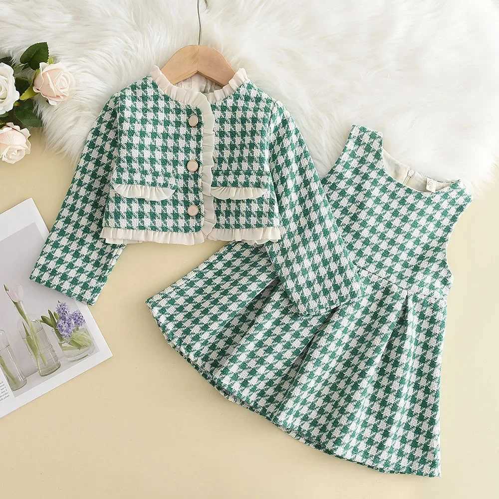 Clothing Sets Childrens Clothing Sets Plaid Lace Coat + Vest Dress 2pcs Sets Baby Girl Outfit Set Kids Clothes Girls 2 To 6 Years Y24112960P4