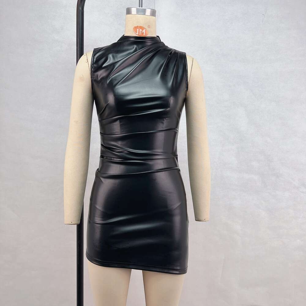 Women's 2024 Autumn/Winter Stand up Collar Sleeveless Wrinkled Waist Pack Hip Dress Irregular PU Leather Skirt