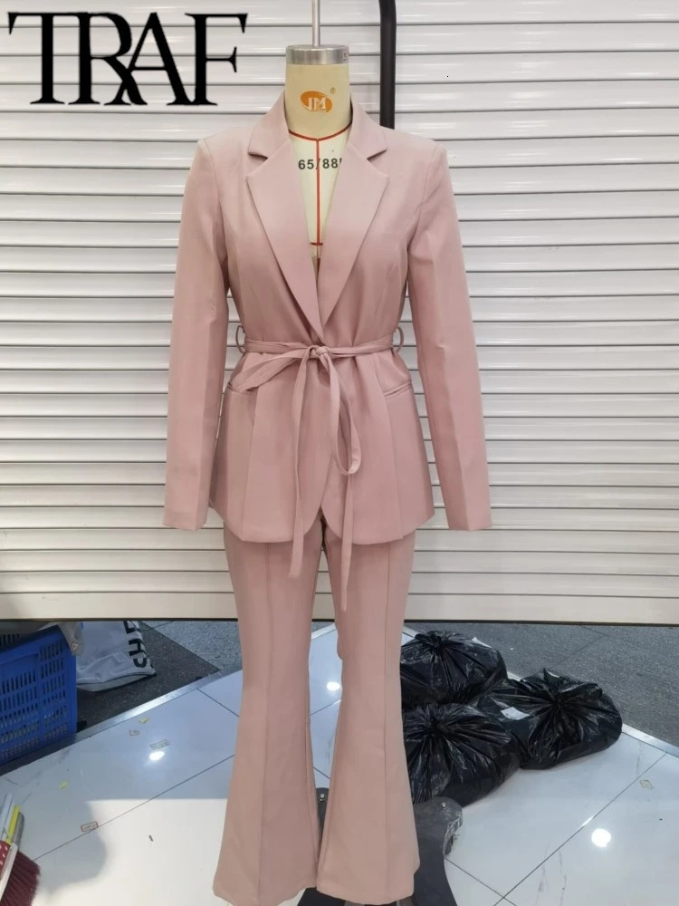 TRAF GAL Elegant Women Pink Waist Tied Blazer Suits Long Sleeve Office Jacket Female Flared Pants Sets Y2K Spring Trousers 240423