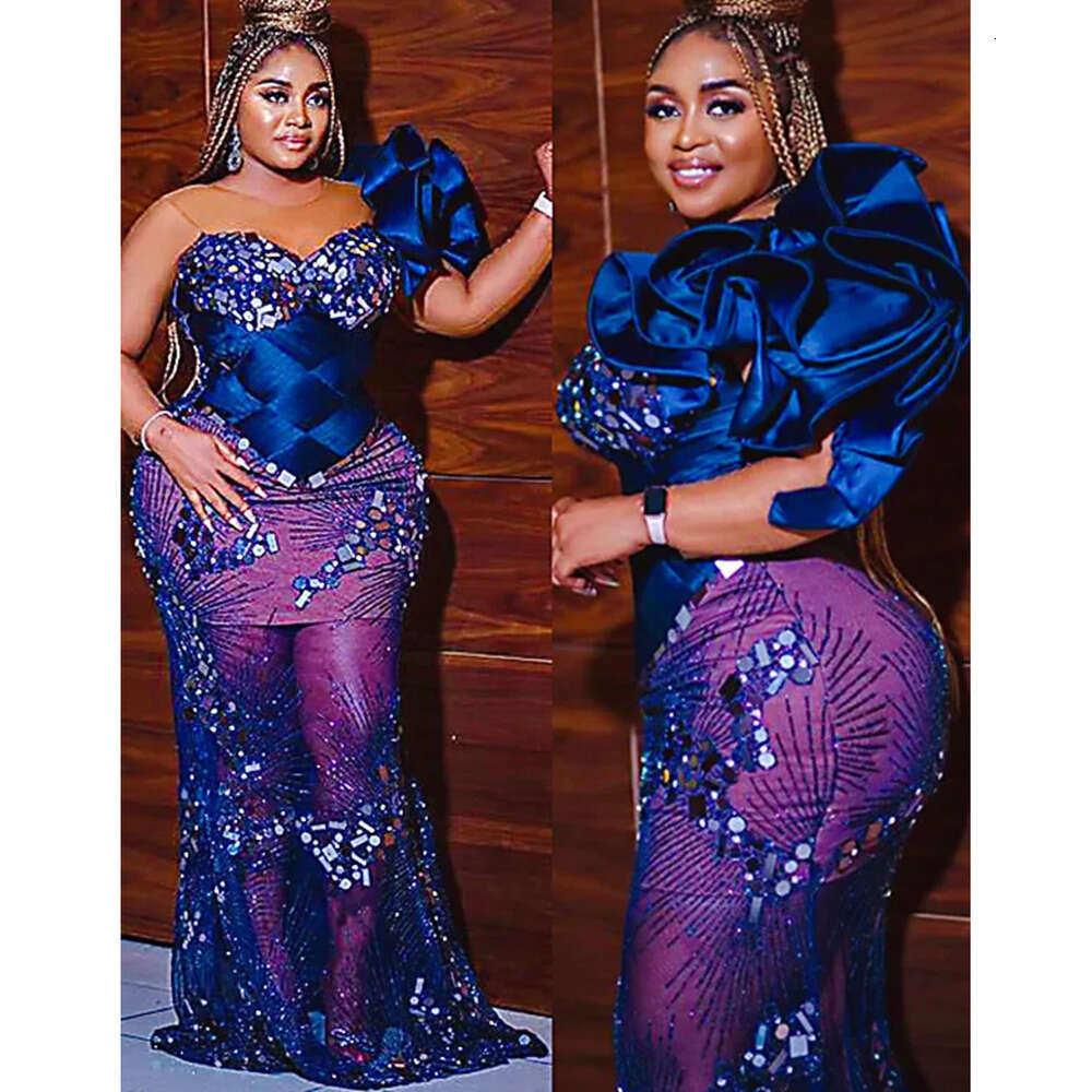 Size Ebi Aso Plus Arabic Royal Blue Mermaid Prom Dresses Urious Beaded Crystals Evening Formal Party Second Reception Birthday Engagement Gowns Dress 