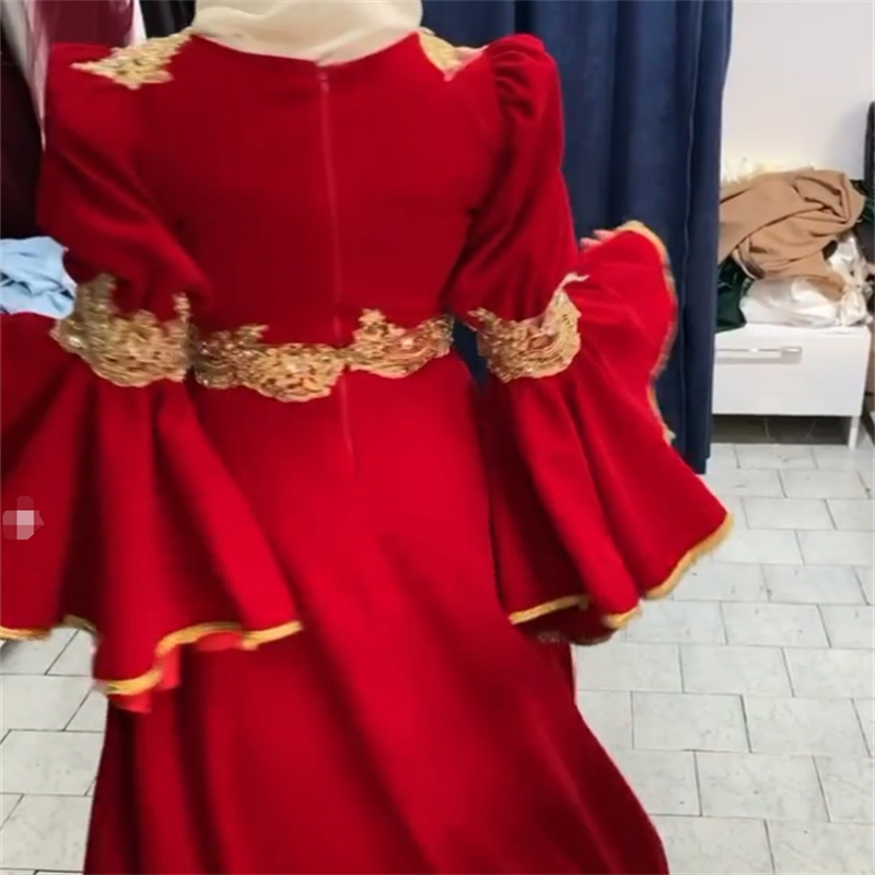 Arabian Kosovo Red Evening Dress Long Sleeve Muslim Arabic Dubai Prom Dress Gold Lace Abaya Morrocan Formal Party Gown Charming Robe De Mariage Vestio