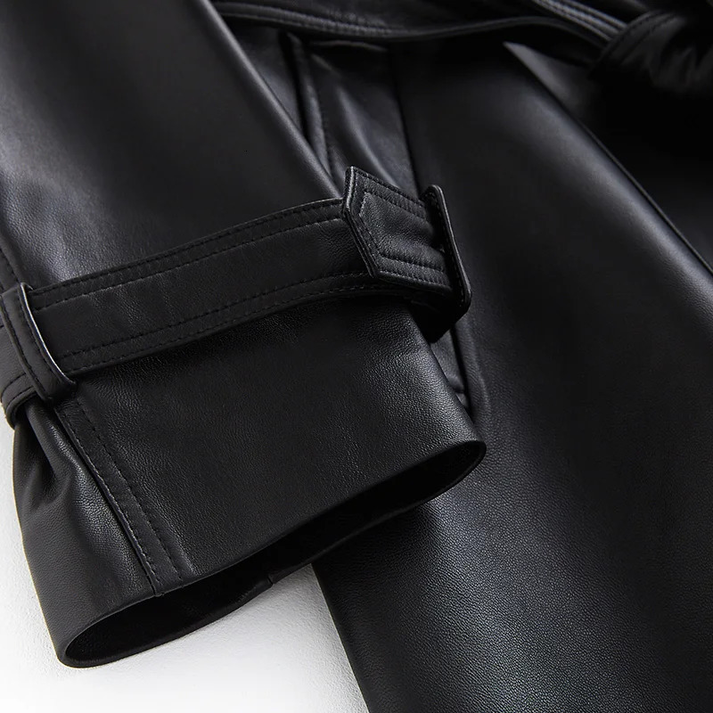 Lautaro Autumn Long Black Leather Trench Coat for Women Sleeve Belt Lapel Spring British Style Outerwear Fashion 241129