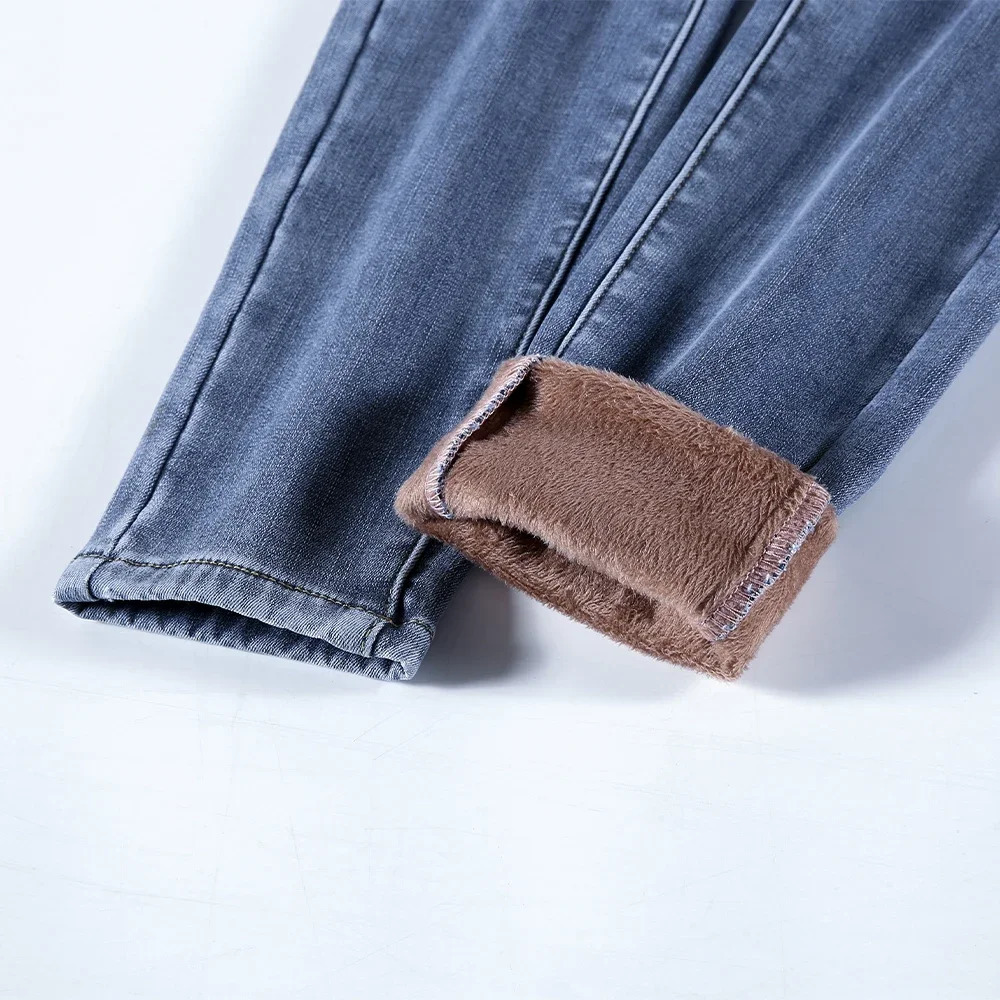 Zoenova Womens Winter Wool Velvet Warm Jeans Thick Trouser High Waist Elastic Pants Mom Jeans Elastic Pencil Pants Pants 241122