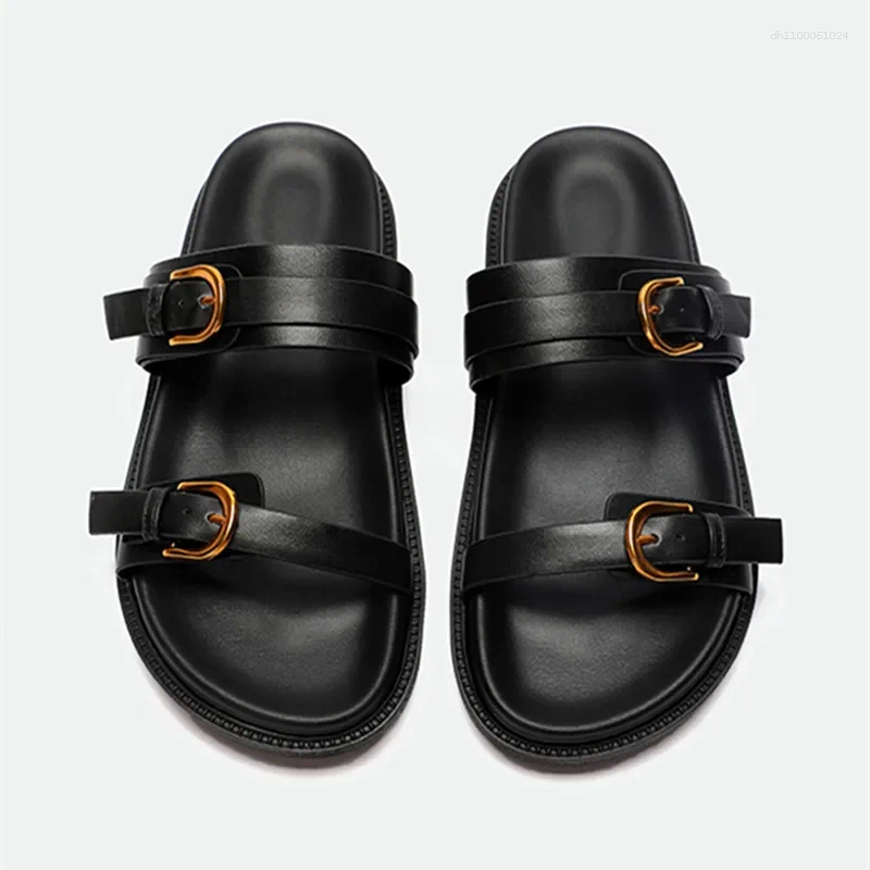Slippers Designer Platform For Women Summer High Quality Soft Leather Metal Buckle Slide Sandals Beach Flat Shoes