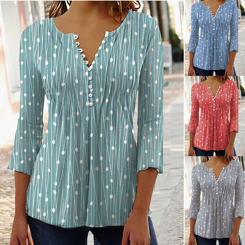 Spring European American V-Neck Printed Long Sleeved Shirt With A Base Women's Trendy Clothing, Fashionable And Casual Temperament B1