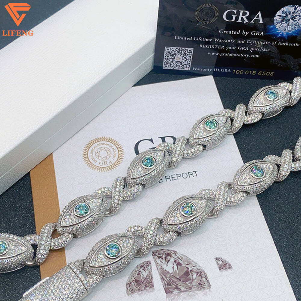 2024 Fine Jewelry Hiphop S925 Vvs Moissanite Bracelet 15mm Eye Figure of Eight Iced Out Cuban Link Chain Blue Sapphire Necklace