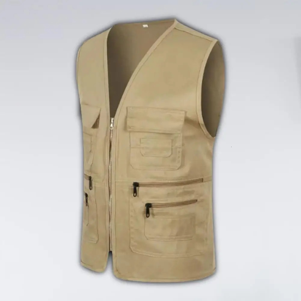 Men Vest JacketMultiple Pockets Zipper Sleeveless Fishing Waistcoat Camping Work Clothes V Neck Outdoor Volunteer 241129