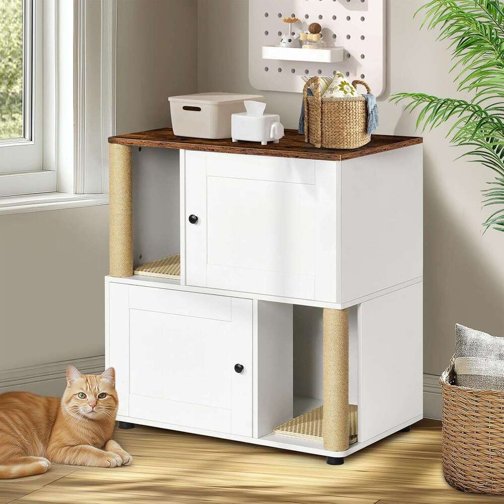 For 2 Cat, Hidden Double Encloure Furniture With Scratching Pot, Wooden Wahroom Furniture, Indoor Cat Houe End Table, Fit Mot Of Litter Box