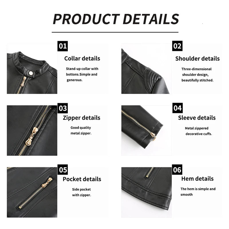 Spring Autumn Ladies Casual Leather Jacket Outdoor Windproof PU Stand Collar Tops Fashion Slim Motorcycle Wear Womens Clothing 241129