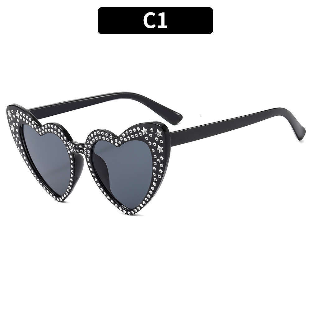 New diamond studded peach heart fashionable caring for women with spicy personality, heart-shaped and trendy sunglasses