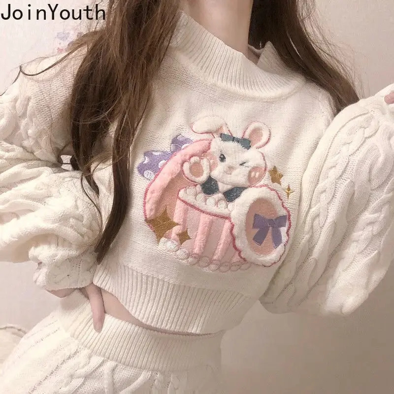 Joinyouth Japanese Fashion Suit Two Piece Set Women Ribbed Cropped Pullovers Bodycon Mini Skirt Ropa Mujer Knitted 2 241129