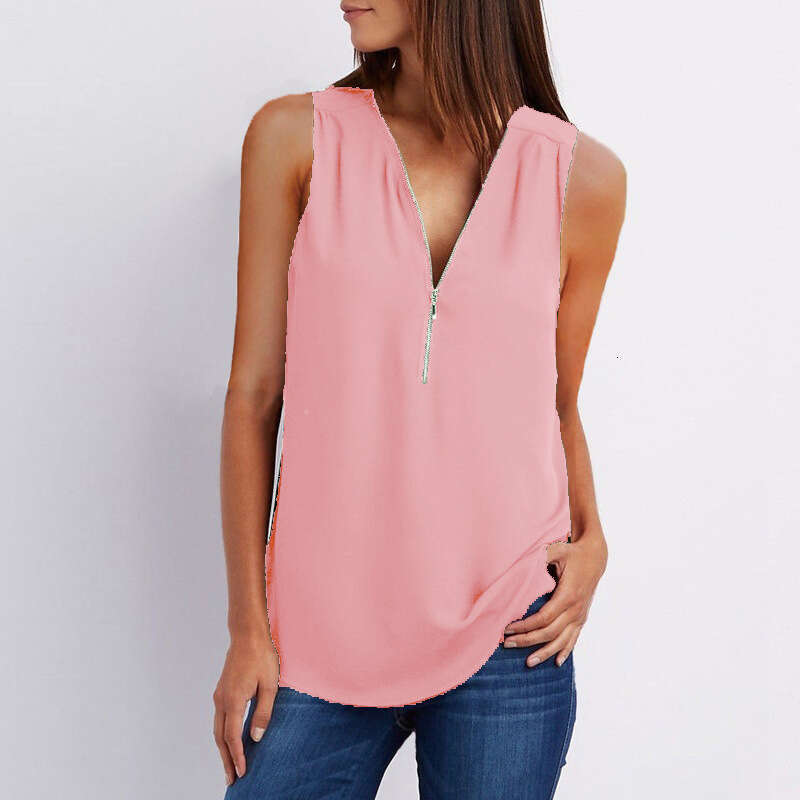 European And American V-Neck Zipper Sleeveless Loose Chiffon Vest 1 7 Color Trendy Clothing Fashion Casual Temperament B4