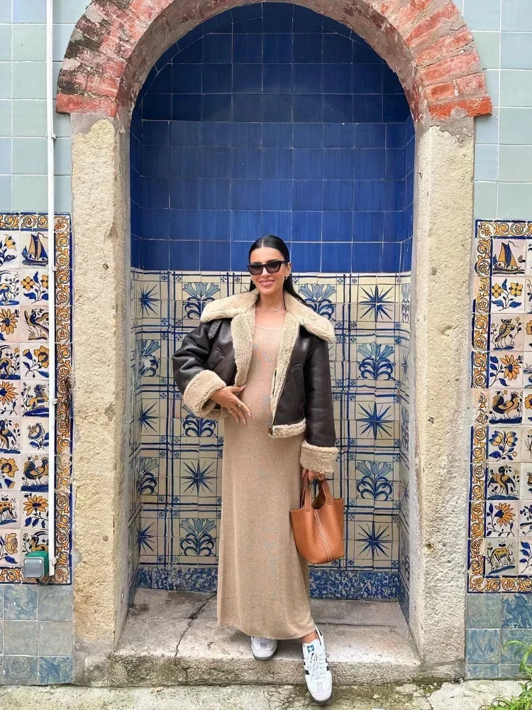 Casual Warm Sheepskin Spliced Leather Jacket Fashion Lapel Long Sleeve Pocket Short Coat Women Winter Retro Lady Streetwear 241129