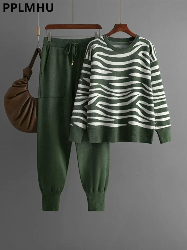 Women Oneck Leopard Long Sleeve Knitwears Pullover Sweater Tops Suit Korean Knit 2 Piece Sets High Waist Harem Pants Outfits 241129