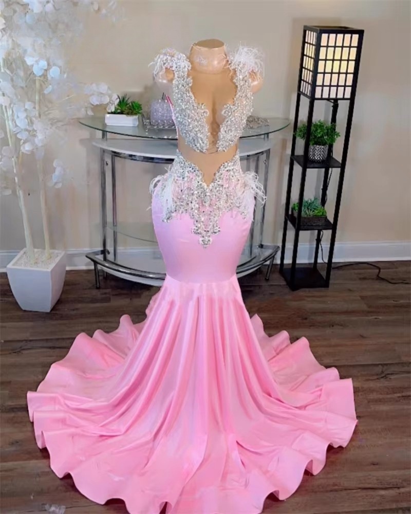 Pink Feather Long Prom Dresses Bead Crystal Appliques Birthday Dress 2025 O Neck Tassel Mermaid Formal Gown Customized