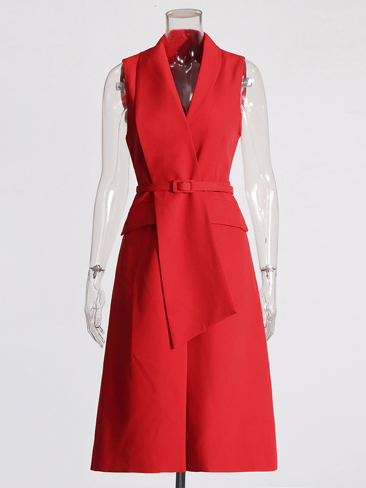 Temperament Minimalist Red Dresses For Women Notched Collar Sleeveless High Waist Tunic Patchwork Belt Dress Female