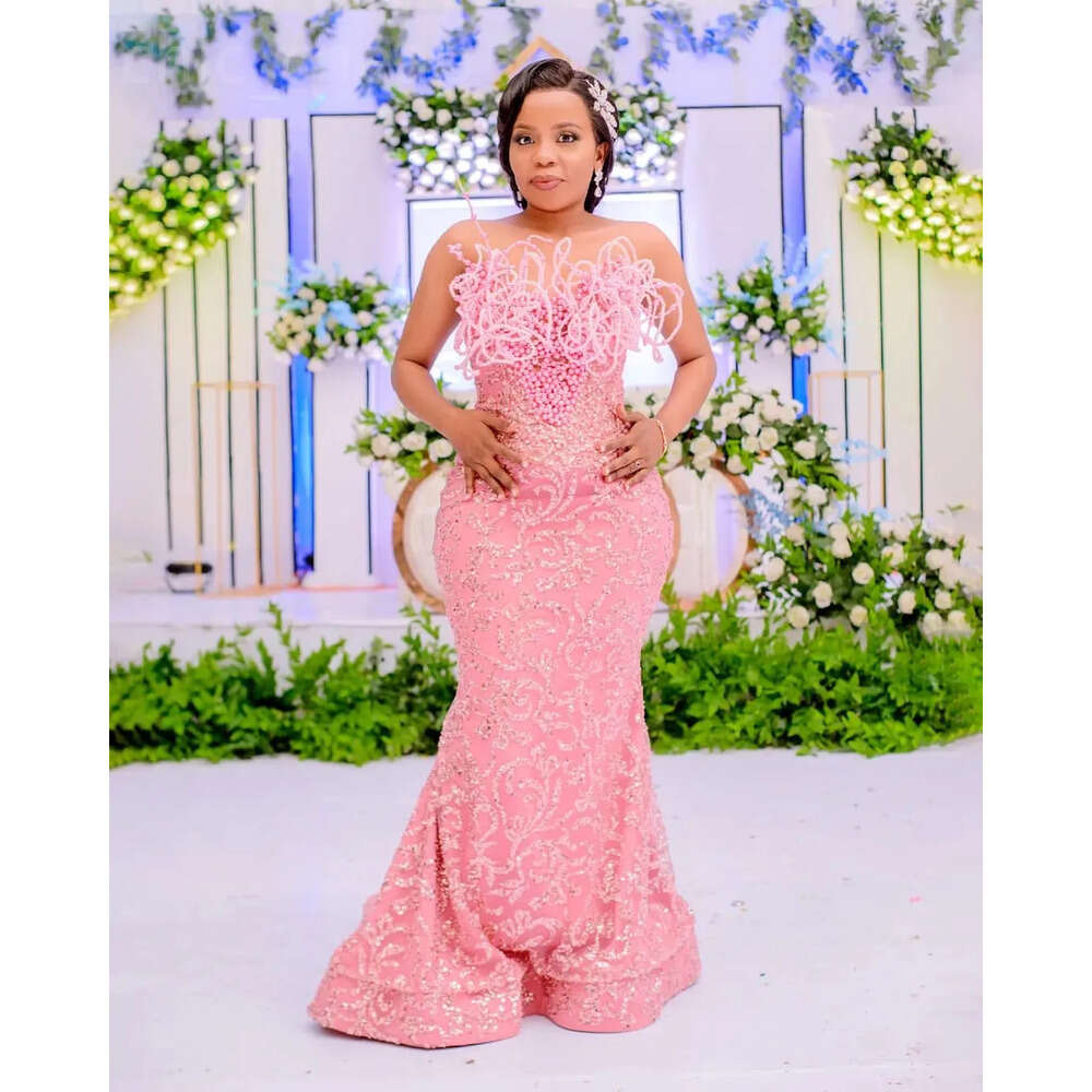 Aso Florals Pink Ebi Mermaid Prom Dress Pearls Sequined Evening Formal Party Second Reception Th Birthday Engagement Gowns Dresses Robe De Soiree Zj E