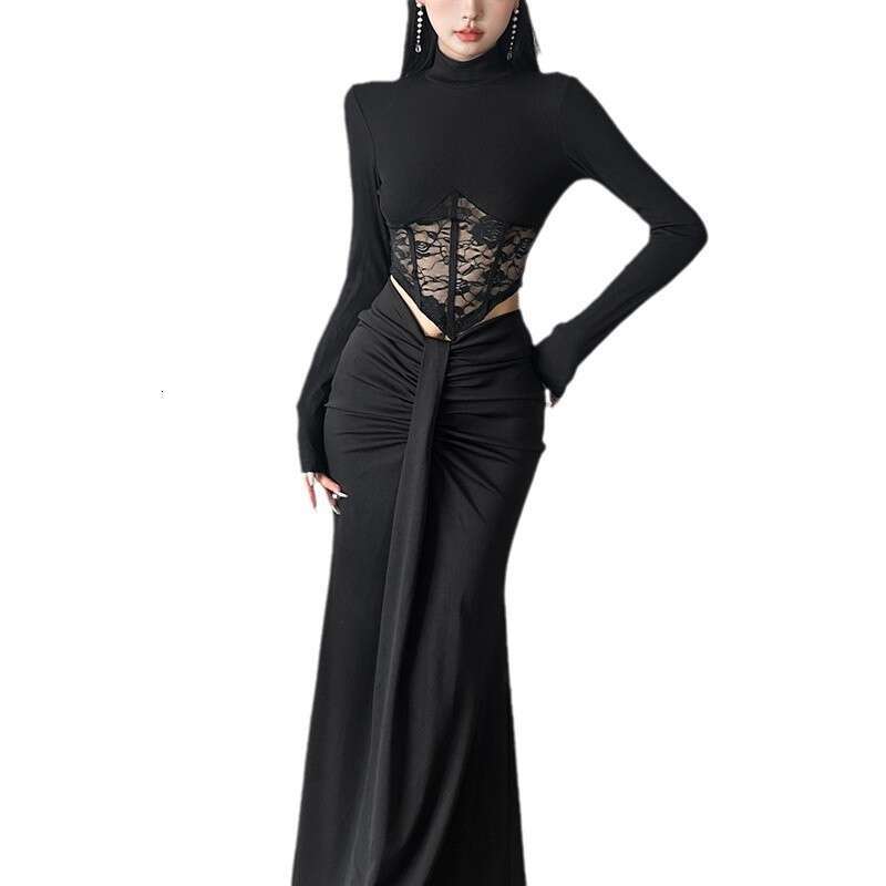 Wind 2024 Autumn New Women's High Collar Lace Hollow Top Slim Fit Hip Wrapping Half body Long Dress