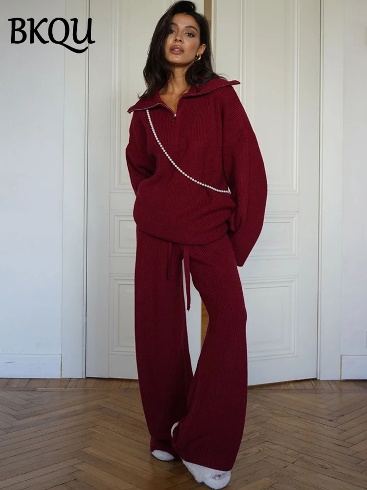BKQU Fashion Solid Knitted Pants 2 Piece Set Women Casual Lapel Half Zip Pullover Sweater High Waist Wide Leg Ladies Suits 241129