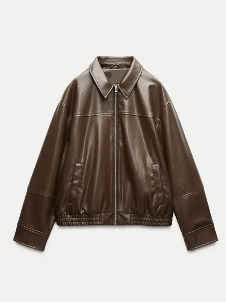 Women Brown Long Sleeve Lapel Leather Jacket Fashion Zipper Pockets Loose Coats Autumn Winter Lady High Street Outerwear 241129