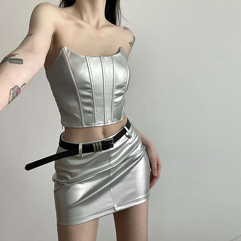 Wind 2024 Summer New Women's Solid Color Chest Wrapping Slimming Umbilical with Waist Bag and Hip Skirt Set