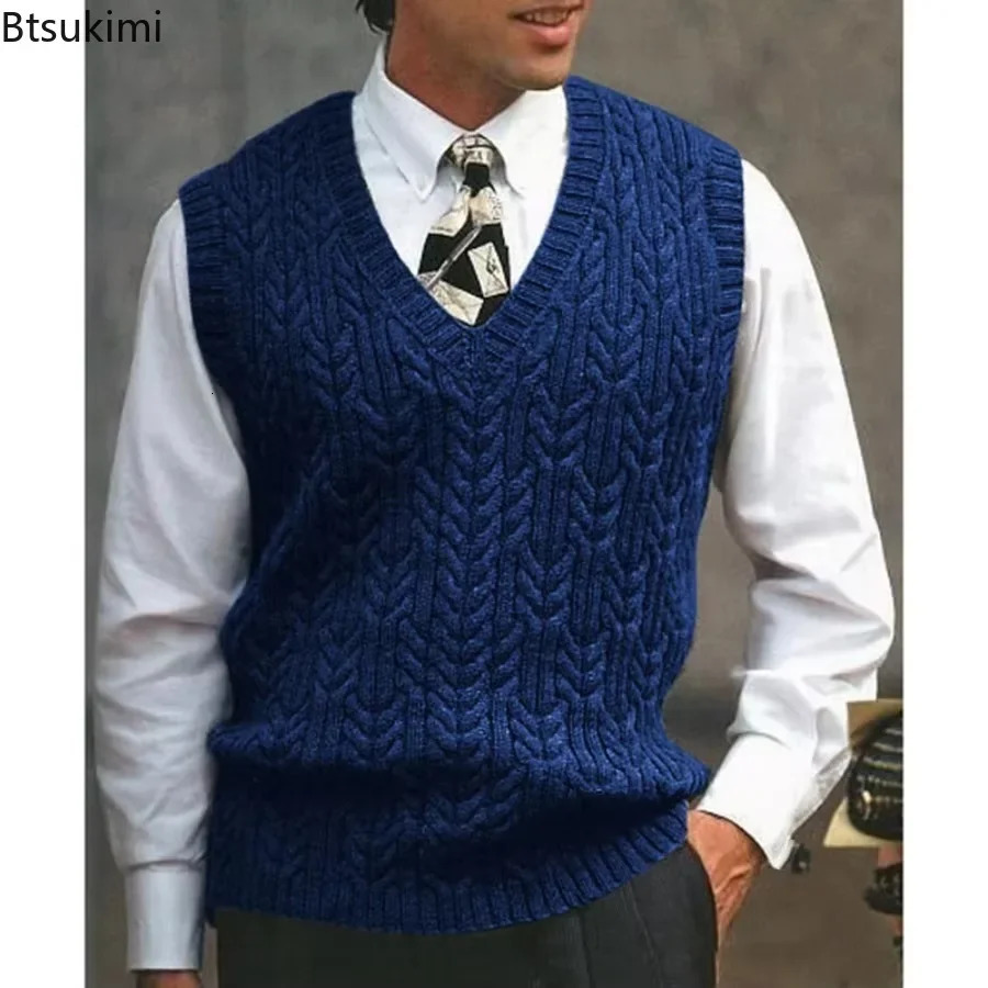 2025 Mens Autumn Winter Warm Casual Knitted Sweater Vest Sleeveless V Neck Fleece Western Sweaters for Men Sueter Para Hombre 241129