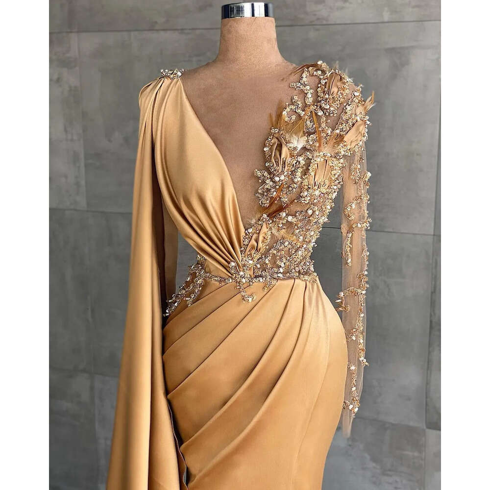 Mermaid Aso Gold Ebi Arabic Sexy Evening Beaded Crystals Prom Dresses High Split Formal Party Second Reception Gowns Zj 6660306