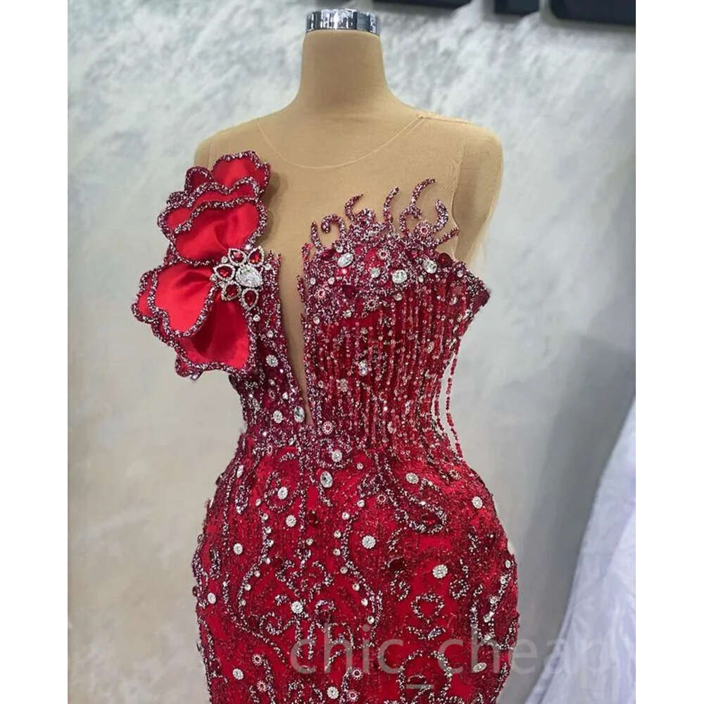 Aso Ebi Mermaid Red April Prom Dress Beaded Crystals Sexy Evening Formal Party Second Reception Birthday Engagement Gowns Dresses Robe De Soiree Zj Es