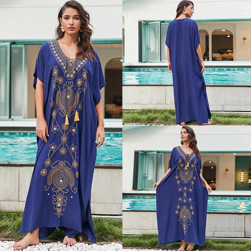 Vintage Summer Bikini Cover-Ups Boho Beach Wear Cotton Rayon Floral Embroidery Loose Kimono Maxi Dress For Women Robe