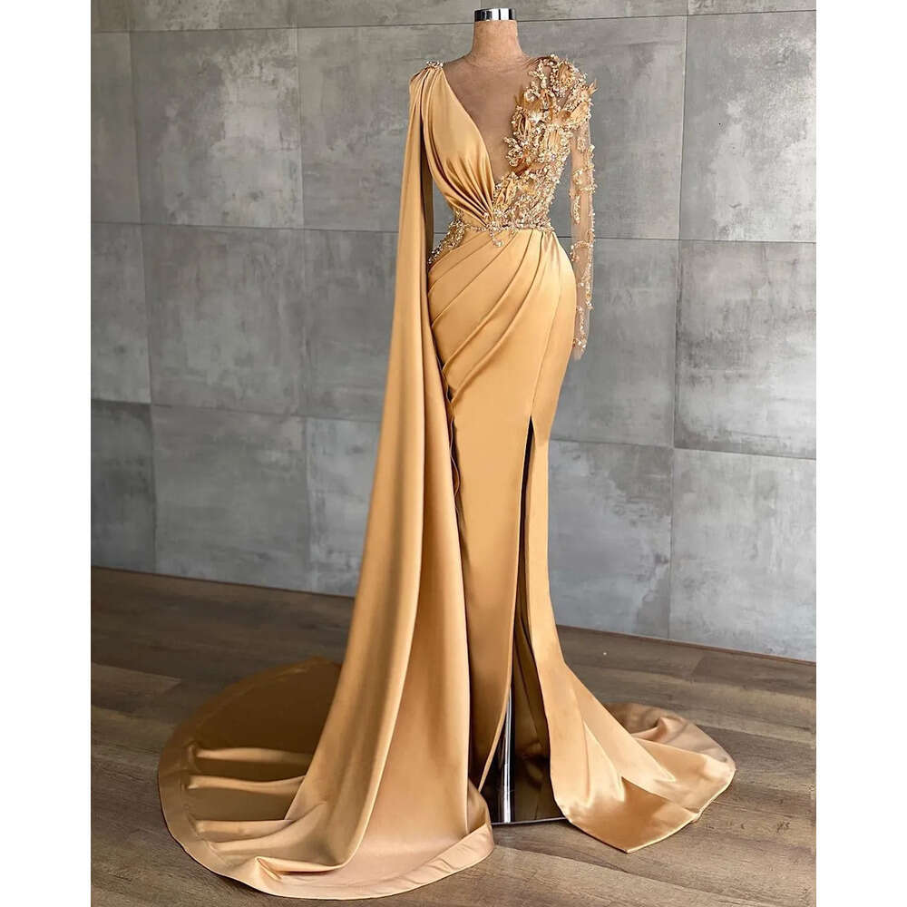 Mermaid Aso Gold Ebi Arabic Sexy Evening Beaded Crystals Prom Dresses High Split Formal Party Second Reception Gowns Zj 6660306