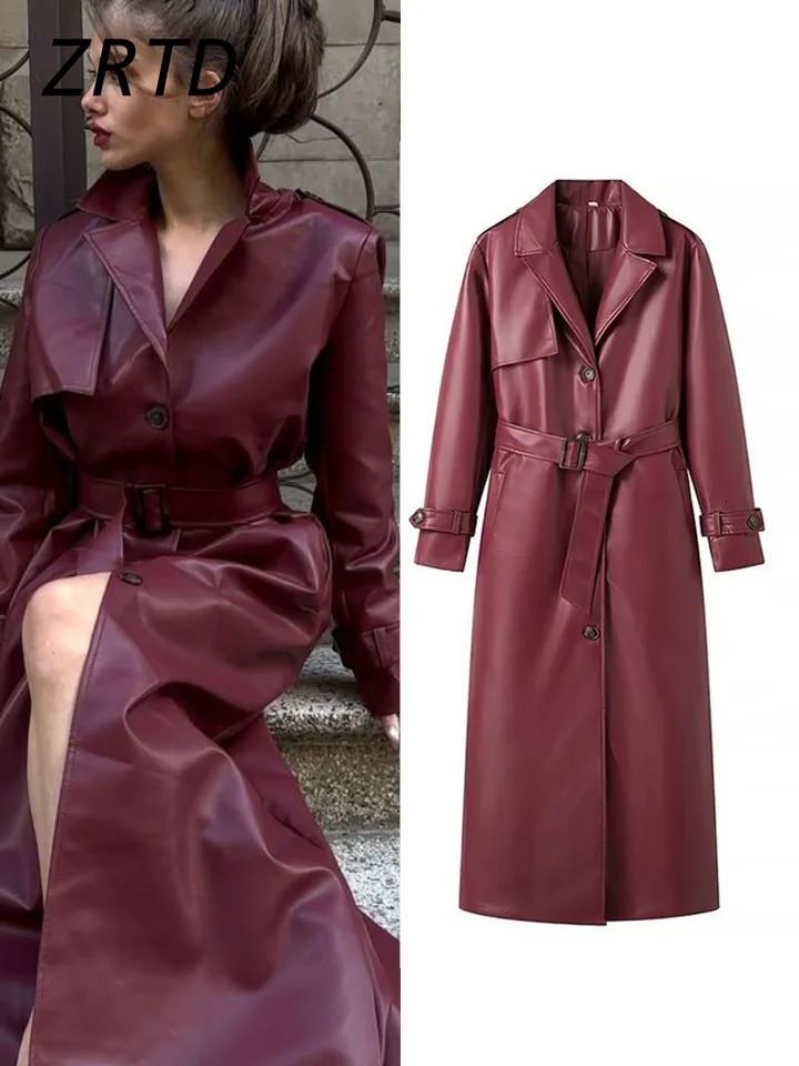 Street Womens Burgundy Leather Overcoat With Belt Lapel Single Breasted Full Sleeve Long Coats 2024 Winter Lady Retro Outwear 241129