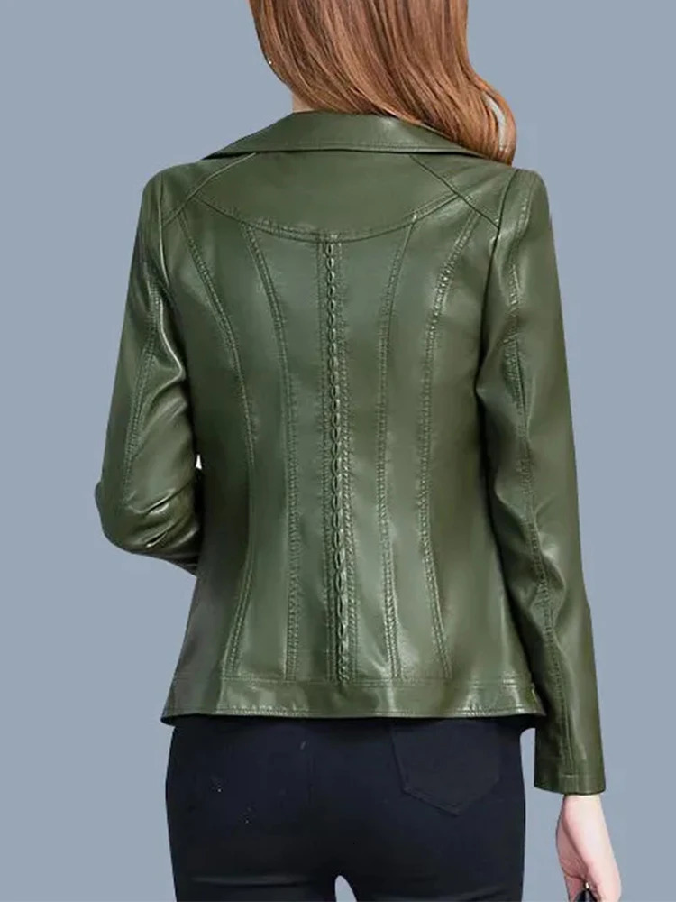 Stylishe Short Faux Leather Jacket Women Green Zipper Korean Style Office Lady Blazer Coat Slim Black Female Jackets Spring Fall 241129