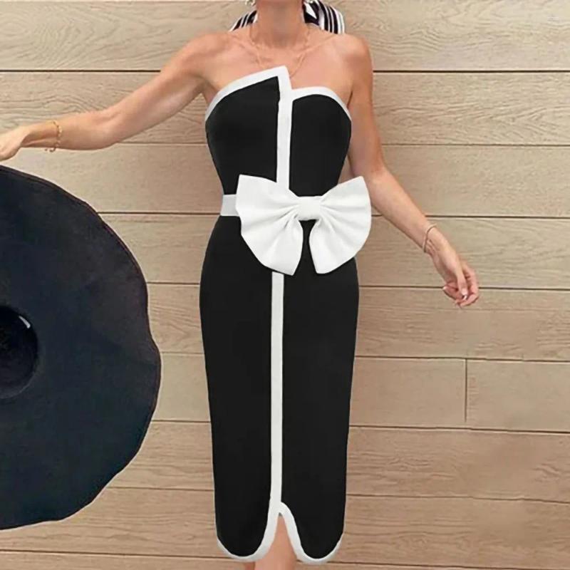 Womens Swimwear 2024 Black White Spliced Swimsuit Elegant Tube Top Bow Belt Bikini Irregular Hip Beach Skirt Vintage Pool