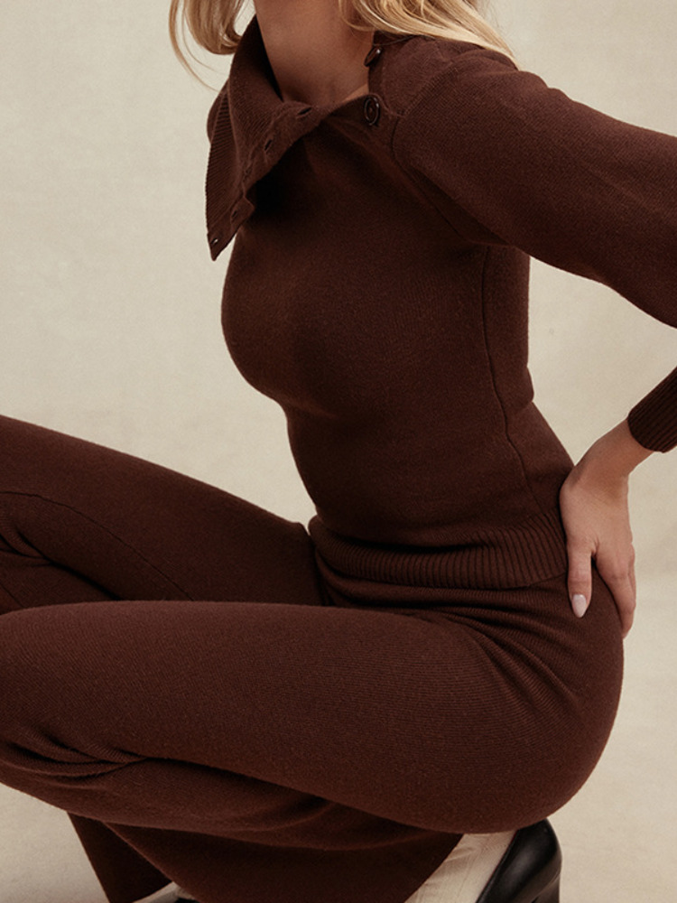 Slim Lantern Long Sleeved Fashion Knitted Sweater Set High Waisted Bury Women's Pants Suits Autumn Commute Office Streetwear