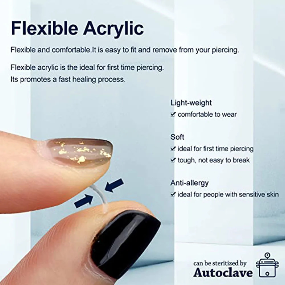 10pcs 16G Czech Crystal Clear Flexible Bioflex Acrylic Bar Studs Lip Rings Helix Stud Earrings Ear Nose Piercing Body Jewelry 241125