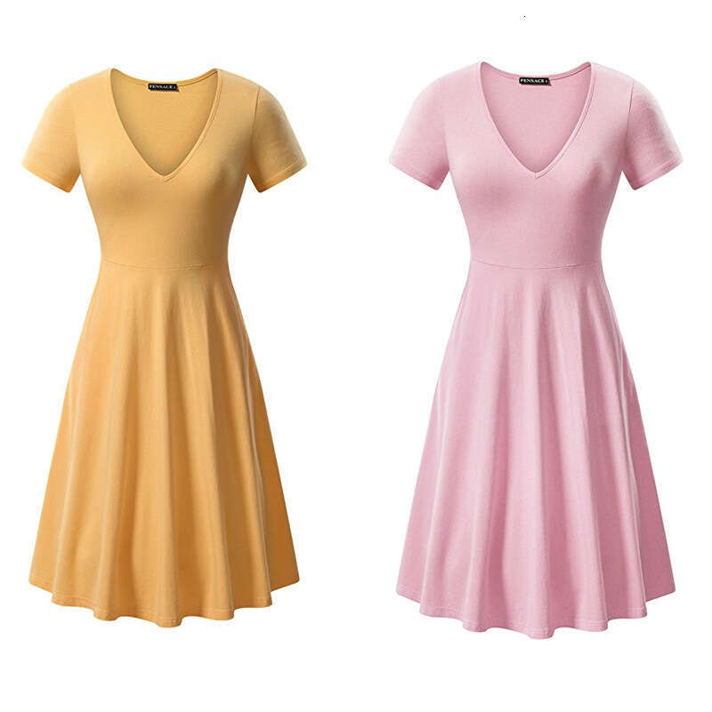 Spring Summer European And American Plus Size Solid Color V-Neck Short Sleeved Simple Loose Dress Trendy Clothing Fashionable Casual Temperament B4