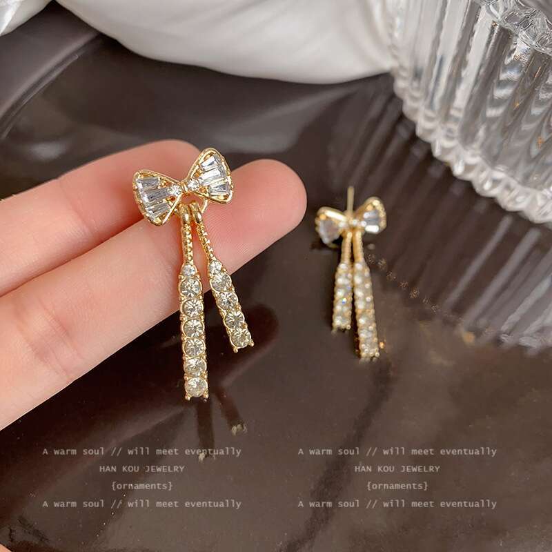 Gold Color Shiny Stud For Women Fashion Exquisite Dainty Rhie Bow Dangle Earrings Jewelry Friends Gift