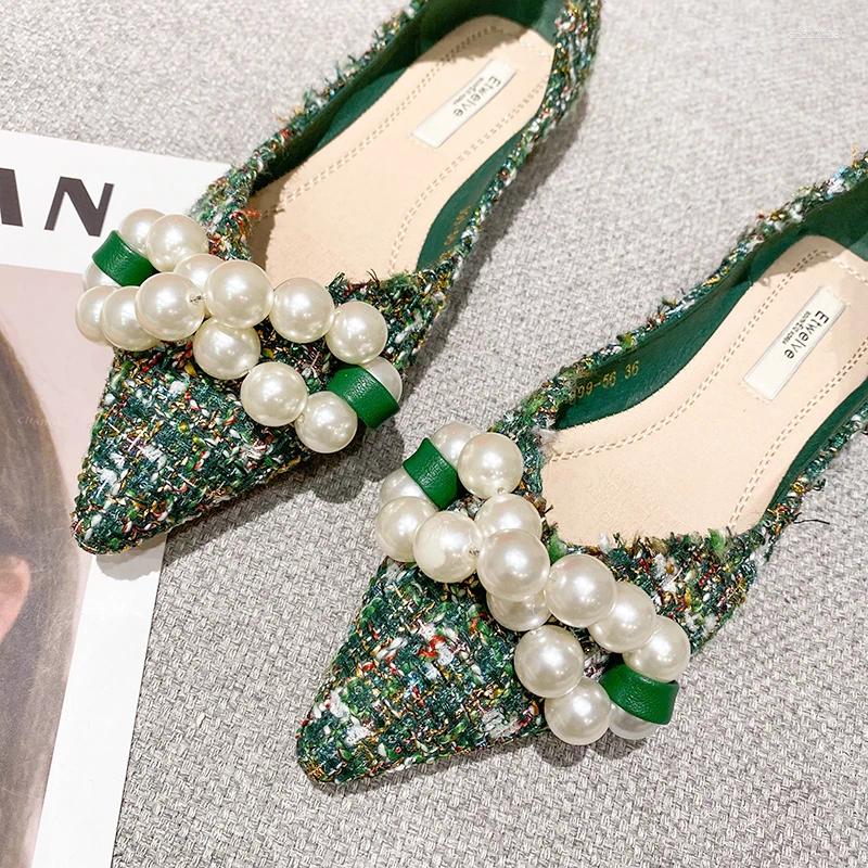 Casual Shoes 2024 Spring Summer Pointed Flat Women Green Pure White Flats With Big Pearls Unique Design Large Size