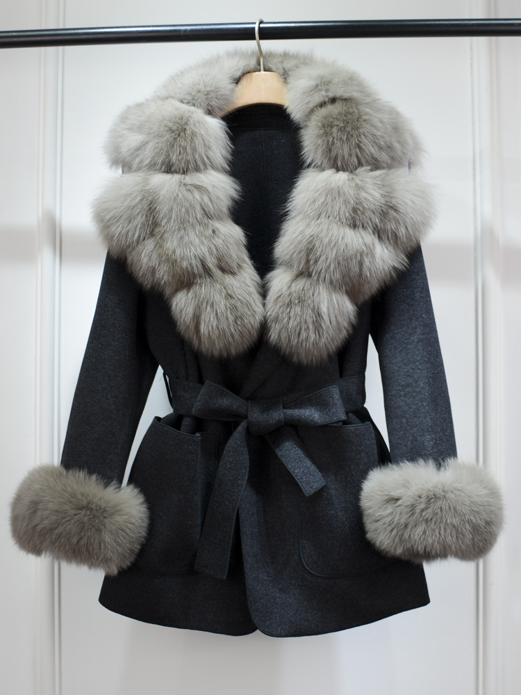 Janveny New Winter Cashmere Wool Blends Women 100% Natural Fox Fur Collar Cuffs Slim Fit Suit Double Sided Woolen Trench Coat