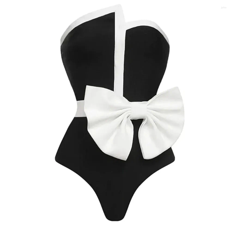 Womens Swimwear 2024 Black White Spliced Swimsuit Elegant Tube Top Bow Belt Bikini Irregular Hip Beach Skirt Vintage Pool