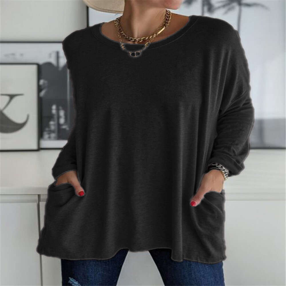 Spring Summer New European And American Round Neck Long Sleeved Loose Pocket Solid Color T-Shirt Casual Women's Fashion Trend Clothing Fashionabl