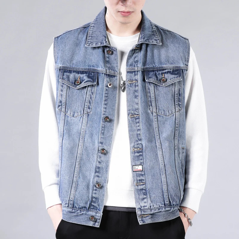 Autumn Denim Vest Mens Blue Sleeveless Jacket Retro Street Clothing Fashion Loose Motorcycle Pocket Coat 241129