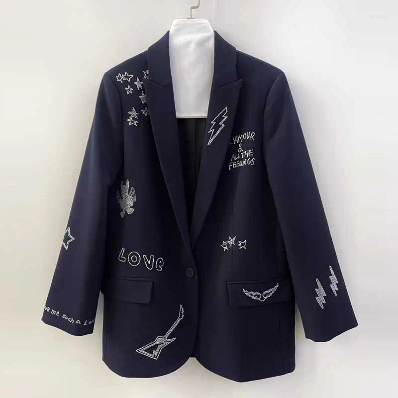Women's Suits Crystal-embellished Blazer Women Peak Lapels Long Sleeves Two Side Flap Pockets High Fashion Autumn Winter Blazers Female